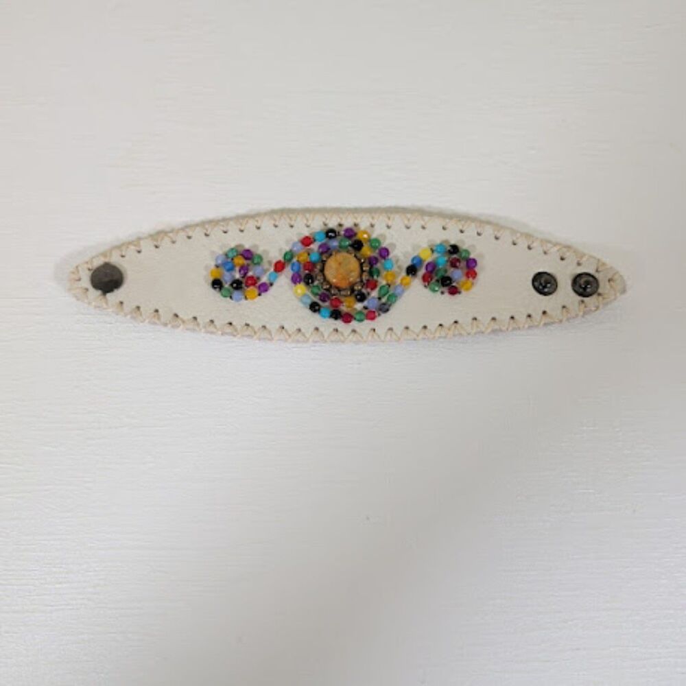 Artisan White Leather Cuff Bracelet HandBeaded Colorful Mandala Boho Chic